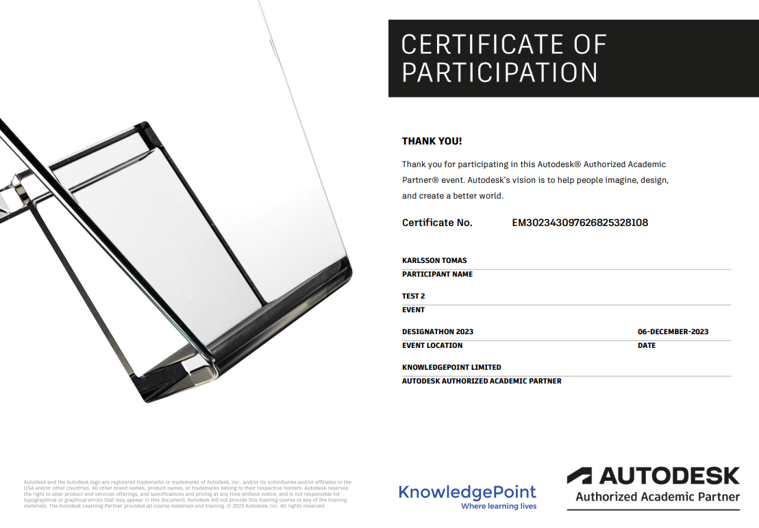 Autodesk Certificate of Completion örnek görsel